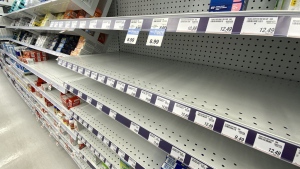 Empty shelves of children's pain relief medicine are seen at a Toronto pharmacy Wednesday, August 17, 2022. Two Ontario pediatric hospitals say they're facing shortages of common pain relievers amid supply disruptions in some parts of the country. THE CANADIAN PRESS/Joe O'Connal