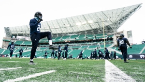 Toronto Argonauts defensive lineman Shawn Oakman limbers up during a practice in Regina, Friday, Nov. 18, 2022. The Toronto Argonauts will be playing against the Winnipeg Blue Bombers in the 109th Grey Cup on Sunday. THE CANADIAN PRESS/Paul Chiasson