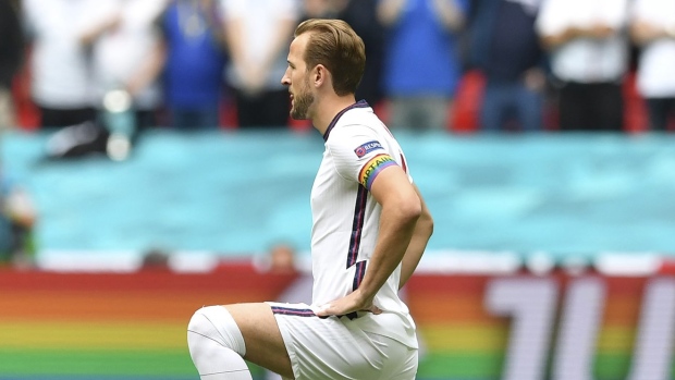 England's Harry Kane wears a rainbow armband