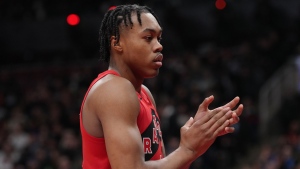 Toronto Raptors' Scottie Barnes reacts during first half NBA basketball action against the Miami Heat in Toronto on Wednesday, November 16, 2022. THE CANADIAN PRESS/Chris Young