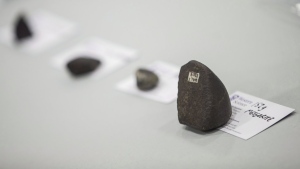 Scientists from Western University and NASA display some meteorites from other impacts during a press conference at the airport in St.Thomas, Ont., Friday, March 21, 2014. Scientists are calling on people living in the St. Catharines, Ont., area to keep an eye out for pieces of a meteorite that crashed early Saturday morning near the shoreline of Lake Ontario. THE CANADIAN PRESS/ Geoff Robins