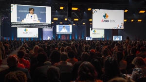 Adeeba Kamarulzaman, president of the International Aids Society addresses the opening ceremony of the AIDS 2022 conference in Montreal on July 29, 2022. THE CANADIAN PRESS/Paul Chiasson