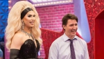 Host Brooke Lynn Hytes is pictured with Prime Minister Justin Trudeau, who made an appearance on the Friday, Nov. 25 episode of “Canada’s Drag Race: Canada vs. the World." THE CANADIAN PRESS/HO-Bell Media/Crave 
