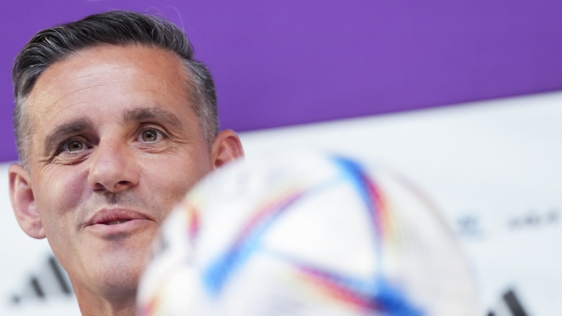 Canada head coach John Herdman speaks to the media at a press conference as the team prepares to play against Croatia during the World Cup in Doha, Qatar, Saturday, Nov. 26, 2022. THE CANADIAN PRESS/Nathan Denette