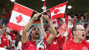 Canada fans cheer ahead of Group F World Cup soccer action between Canada and Belgium at Ahmad bin Ali Stadium in Al Rayyan, Qatar, on Wednesday, Nov. 23, 2022. Watch parties are planned across the country today as soccer fans gear up to watch Canada's second World Cup matchup against Croatia -- a do-or-die game for the team in its first tournament appearance in 36 years. THE CANADIAN PRESS/Nathan Denette