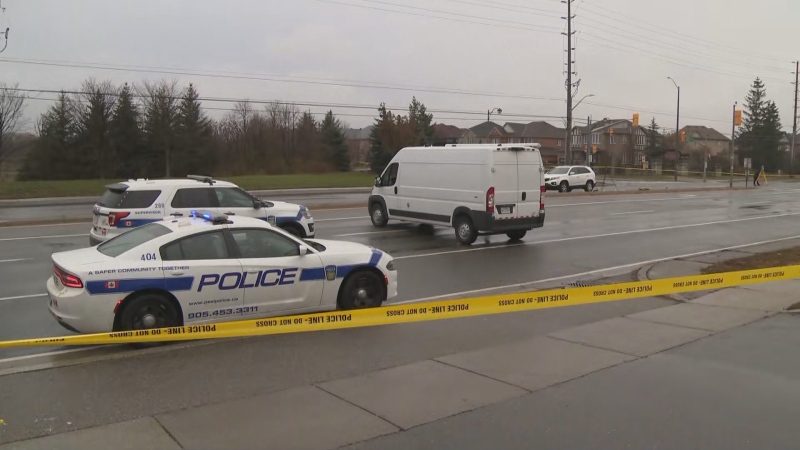 Police respond to the scene of a crash in Brampton, Ont. on Nov. 27, 2022 that left one pedestrian dead.