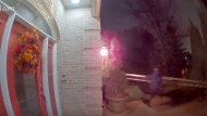 A suspect flees from a home with a ladder following an attempted break-in in Aurora November 12, 2022 in this image captured by home security cameras. (YRP/YouTube)