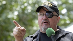 FILE - Stewart Rhodes, founder of the citizen militia group known as the Oath Keepers speaks during a rally outside the White House in Washington, on June 25, 2017. Rhodes was convicted Tuesday, Nov. 29, 2022, of seditious conspiracy for a violent plot to overturn Democrat Joe Biden’s presidential win, handing the Justice Department a major victory in its massive prosecution of the Jan. 6, 2021, insurrection. (AP Photo/Susan Walsh, File)