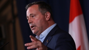 Former Alberta Premier Jason Kenney answers questions during a press conference in Victoria on July 12, 2022.THE CANADIAN PRESS/Chad Hipolito