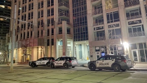 Police vehicles are pictured outside of a condo building on Fleet Street in downtown Toronto following a stabbing Wednesday, November 30, 2022. (Mike Nguyen/ CP24)
