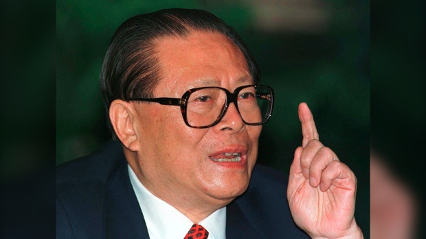 Chinese then President Jiang Zemin makes a point during a press conference in Beijing, one day before his departure for an eight-day visit to the U.S, Oct. 25, 1997. Jiang has died in Shanghai Wednesday, Nov. 30, 2022, at age 96, according to state media. (AP Photo/Greg Baker, File)