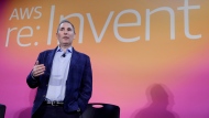 FILE - AWS CEO Andy Jassy discusses a new initiative with the NFL during AWS re:Invent 2019 in Las Vegas, Dec. 5, 2019. (Isaac Brekken/AP Images for NFL, File) 