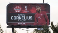 Canadian defender Derek Cornelius is portrayed on a billboard in his hometown of Ajax, Ont., in a Nov. 20, 2022, handout photo. THE CANADIAN PRESS/HO-Canada Soccer