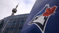 The Blue Jays logo is pictured ahead of MLB baseball action in Toronto on Wednesday, April 27, 2022. Pat Tabler is leaving the broadcast team of the Toronto Blue Jays.THE CANADIAN PRESS/Christopher Katsarov