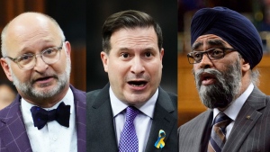 Minister of Justice and Attorney General of Canada David Lametti, left to right, in this three-photo composite image, Public Safety Minister Marco Mendicino and Minister of International Development Harjit Sajjan are pictured during question period on three separate days in the House of Commons on Parliament Hill in Ottawa. THE CANADIAN PRESS/Sean Kilpatrick-Adrian Wyld