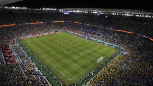 FILE - A view of the Stadium 974 during the World Cup group G soccer match between Brazil and Switzerland, in Doha, Qatar, Monday, Nov. 28, 2022. (AP Photo/Thanassis Stavrakis, File)
