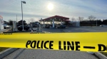 An image of the police tape surrounding the gas station in Mississauga where a 21-year-old woman was fatally shot on Saturday, Dec. 3. (CTV News Toronto)