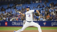 Toronto Blue Jays relief pitcher Jordan Romano (68) throws the ball during the ninth inning of AL baseball action against the Detroit Tigers, in Toronto on Thursday, July 28, 2022. Romano was named the winner of the Tip O’Neill Award on Tuesday as Canadian baseball player of the year. THE CANADIAN PRESS/Christopher Katsarov