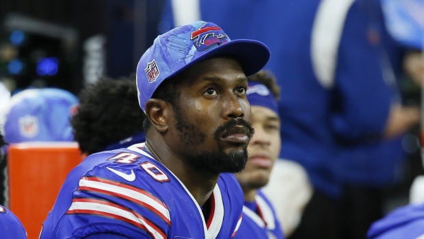 Buffalo Bills' Von Miller watches from the bench during the second half of an NFL football game against the Cleveland Browns, Sunday, Nov. 20, 2022, in Detroit. Bills’ top pass-rusher Von Miller will miss the remainder of the season after having surgery to repair an injury to the anterior cruciate ligament in his right knee, coach Sean McDermott announced on Wednesday, Dec. 7. (AP Photo/Duane Burleson, File)