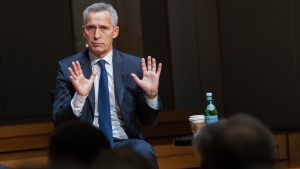 NATO Secretary General Jens Stoltenberg gives a lecture on Russia, Ukraine and NATO's security policy challenges, during the Civita breakfast in the University of Oslo, Thursday, Dec. 8, 2022. (Terje Bendiksby/NTB Scanpix via AP)