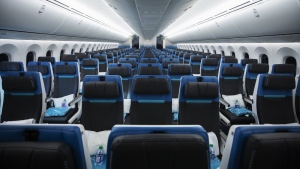 Economy class seating in the new WestJet 787 Dreamliner airplane is shown in Calgary on February 14, 2019. As Canadian public health officials question China's transparency in sharing its COVID-19 surveillance information, scientists are stepping up airplane wastewater testing to try to get an early warning of potential new variants. THE CANADIAN PRESS/Todd Korol