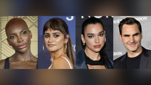 This combination of photos shows Michaela Coel, from left, Penelope Cruz, Dua Lipa and Roger Federer who will co-chair the Met Gala on May 1. (AP Photo)