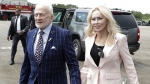 Apollo 11 astronaut Buzz Aldrin, left, and Anca Faur arrive at the Kennedy Space Center for a visit in recognition of the Apollo 11 moon landing anniversary, on July 20, 2019, in Cape Canaveral, Fla. Astronaut Edwin “Buzz” Aldrin announced on Facebook that he has married Anca Faur, his “longtime love” in a small ceremony in Los Angeles on Friday, Jan. 20, 2023, which was his 93rd birthday.(AP Photo/John Raoux, File)