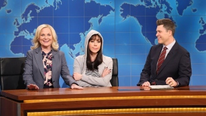 Pictured are, from left, Amy Poehler as Leslie Knope, host Aubrey Plaza as April Ludgate, and anchor Colin Jost during Weekend Update on 'Saturday Night Live' on January 21.
Will Heath/NBC