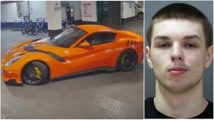 An allegedly stolen Ferrari worth $1 million is seen in this surveillance image alongside a suspect wanted in connection with its theft. (Toronto Police Service)