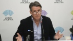 World Athletics President Sebastian Coe holds a press conference at the conclusion of the World Athletics meeting at the Italian National Olympic Committee, headquarters, in Rome, Nov. 30, 2022. Track and field's governing body is facing renewed criticism for a proposal to allow transgender athletes to continue competing in top female events, although with stricter rules. (AP Photo/Gregorio Borgia, File)