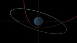 This diagram made available by NASA shows the estimated trajectory of asteroid 2023 BU, in red, affected by the earth's gravity, and the orbit of geosynchronous satellites, in green. On Wednesday, Jan. 25, 2023, NASA revealed that this newly discovered asteroid, about the size of a truck, will zoom 2,200 miles above the southern tip of South America Thursday evening. Scientists say there is no risk of an impact. Even if it came a lot closer, scientists say it would burn up in the atmosphere, with only a few small pieces reaching the surface. (NASA/JPL-Caltech)