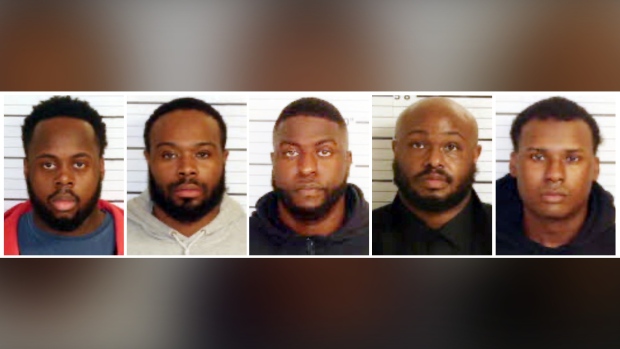 This combo of booking images provided by the Shelby County Sheriff's Office shows, from left, Tadarrius Bean, Demetrius Haley, Emmitt Martin III, Desmond Mills, Jr. and Justin Smith. The five former Memphis police officers have been charged with second-degree murder and other crimes in the arrest and death of Tyre Nichols, a Black motorist who died three days after a confrontation with the officers during a traffic stop, records showed Thursday, Jan. 26, 2023. (Shelby County Sheriff's Office via AP)