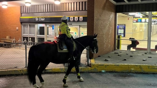 A member of Toronto's police mounted unit is seen outside St. Clair Station on Thursday, Jan. 26, 2023. (CTV News/Paul Ross)