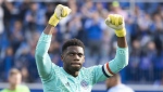 New York City FC keeper Sean Johnson celebrates his team's victory over the CF Montreal in Eastern Conference semifinal MLS action in Montreal on Sunday, October 23, 2022. Johnson has signed with Toronto FC. THE CANADIAN PRESS/Paul Chiasson