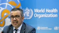 Tedros Adhanom Ghebreyesus, Director General of the World Health Organization (WHO), talks to the media at the World Health Organization (WHO) headquarters in Geneva, Switzerland, Monday, Dec. 20, 2021. Monday could mark a major milestone in the history of the COVID-19 pandemic, as the World Health Organization stands poised to decide whether or not to declare an end to the global public health emergency. THE CANADIAN PRESS/Keystone via AP-Salvatore Di Nolfi