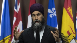 New Democratic Party leader Jagmeet Singh speaks with the media during an availability on Parliament Hill on Thursday, January 19, 2023 in Ottawa. Singh says he will call on the House of Commons to hold an emergency debate on the privatization of health care. THE CANADIAN PRESS/Adrian Wyld