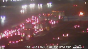 All lanes of the eastbound Highway 401 at Hunrntario Street are currently clocked due to a for-vehicle crash.
