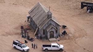 FILE - This aerial photo shows the movie set of "Rust" at Bonanza Creek Ranch in Santa Fe, N.M., on Saturday, Oct. 23, 2021. Prosecutors announced Thursday, Jan. 19, 2023 they are charging Baldwin with involuntary manslaughter in fatal shooting of cinematographer on movie set. (AP Photo/Jae C. Hong, File)