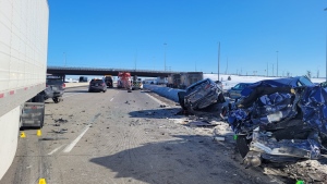 Multiple vehicles involved in a collision in the eastbound lanes of Highway 401 in Mississauga on Tuesday morning are shown. (Twitter/@OPP_HSD)