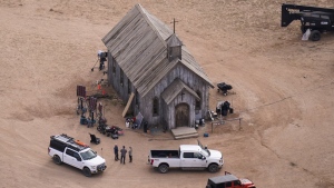 This aerial photo shows the movie set of "Rust" at Bonanza Creek Ranch in Santa Fe, N.M., on Saturday, Oct. 23, 2021. Prosecutors announced Thursday, Jan. 19, 2023 they are charging Baldwin with involuntary manslaughter in fatal shooting of cinematographer on movie set. (AP Photo/Jae C. Hong, File)