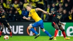 Rangers' Fashion Sakala, right, in action against Brondby's Sigurd Rosted during the Europa League group A soccer match between Brondby IF and Rangers FC at Brondby Stadium in Copenhagen, Thursday, Nov, 4, 2021. (Martin Sylvest/Ritzau Scanpix via AP) 