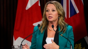 Ontario NDP MPP Marit Stiles speaks to the media following the Speech from the Throne at Queen's Park in Toronto, on Tuesday, August 9, 2022. THE CANADIAN PRESS/Andrew Lahodynskyj