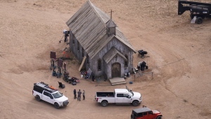 FILE - This aerial photo shows the movie set of "Rust" at Bonanza Creek Ranch in Santa Fe, N.M., on Saturday, Oct. 23, 2021. Prosecutors announced Thursday, Jan. 19, 2023 they are charging Baldwin with involuntary manslaughter in fatal shooting of cinematographer on movie set. (AP Photo/Jae C. Hong, File)