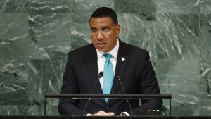 Prime Minister of Jamaica Andrew Holness addresses the 77th session of the United Nations General Assembly at U.N. headquarters, Sept. 22, 2022. Holness said on Jan. 31, 2023 that his government is willing to send soldiers and police officers to Haiti as part of a proposed multinational security assistance deployment. (AP Photo/Jason DeCrow, File)