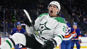 Dallas Stars' Jason Robertson celebrates after scoring a goal during the first period of an NHL hockey game against the New York Islanders on Jan. 10, 2023, in Elmont, N.Y. The NHL All Star festivities on Feb. 3 and 4, 2023, in South Florida are a showcase of the league's next generation of stars, led by Robertson, New Jersey Devil's Jack Hughes and Buffalo's Tage Thompson. (AP Photo/Frank Franklin II, File)