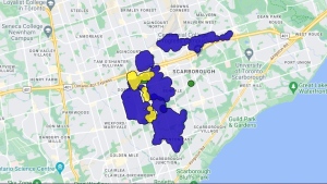 An outage map shows a number of areas in Scarborough where up to 5,000 customers are without power on Feb. 2. (Toronto Hydro image)