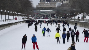 People skate on the Rideau Canal Skateway on Saturday, March 5, 2022. Canada's largest skating rink has officially broken it's record for the latest opening date - but it hasn't opened yet. The National Capital Commission announced on social media today that the last time the canal opened this late was Feb. 2, 2002, but as the years have progressed the seasons have gotten shorter. THE CANADIAN PRESS/Justin Tang