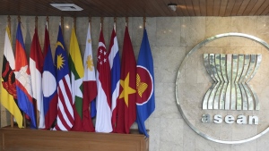 National flags of ASEAN members are on display inside the ASEAN building in Jakarta, Indonesia, Friday, Feb. 3, 2023. Southeast Asian foreign ministers are meeting in Indonesia's capital Friday for talks bound to be dominated by the deteriorating situation in Myanmar despite an agenda focused on food and energy security and cooperation in finance and health. (AP Photo/Achmad Ibrahim)