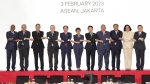 From left to right; Malaysian Foreign Minister Zambry Abdul Kadir, Philippine's Foreign Secretary Enrique Manalo, Singaporean Foreign Minister Vivian Balakrishnan, Thailand's Foreign Minister Don Pramudwinai, Vietnam's Foreign Minister Bui Thanh Son, Indonesian Foreign Minister Retno Marsudi, Laotian Foreign Minister Saleumxay Kommasith, Brunei's Second Minister of Foreign Affair Erywan Yusof, Cambodia's Foreign Minister Prak Sokhonn, East Timor's Foreign Minister Adaljiza Magno and ASEAN Secretary General Kao Kim Hourn hold hands as they pose for a group photo during the Association of Southeast Asian Nations (ASEAN) Coordinating Council Meeting at the ASEAN Secretariat in Jakarta, Indonesia, Friday, Feb. 3, 2023. Southeast Asian foreign ministers are meeting in Indonesia's capital Friday for talks bound to be dominated by the deteriorating situation in Myanmar despite an agenda focused on food and energy security and cooperation in finance and health. (AP Photo/Achmad Ibrahim)