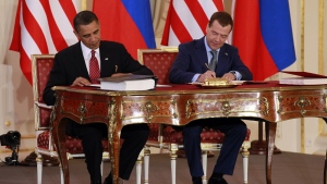 President Barack Obama, left, and Russian President Dmitry Medvedev sign the New START treaty at the Prague Castle in Prague on April 8, 2010. NATO called on Russia on Friday, Feb. 3, 2023, to respect the only treaty it has with the United States aimed at keeping a lid on nuclear weapons expansion and urged Moscow to allow on-the-ground inspections of military sites to resume. (AP Photo/Alex Brandon, File)